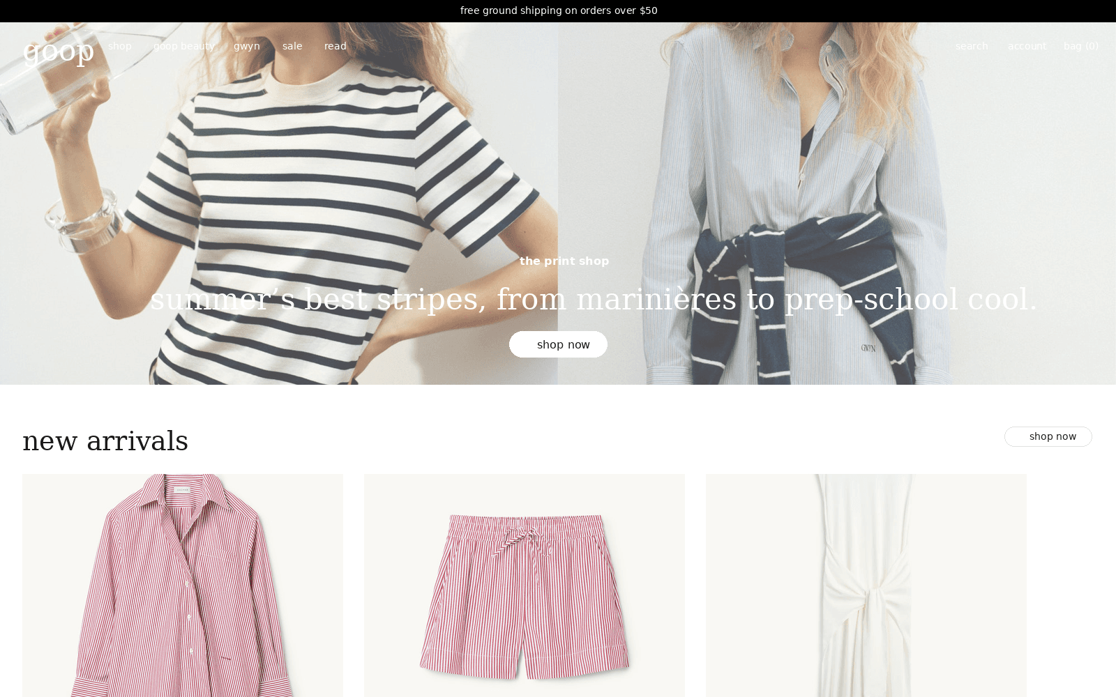 Goop storefront featuring striped clothing and new arrivals