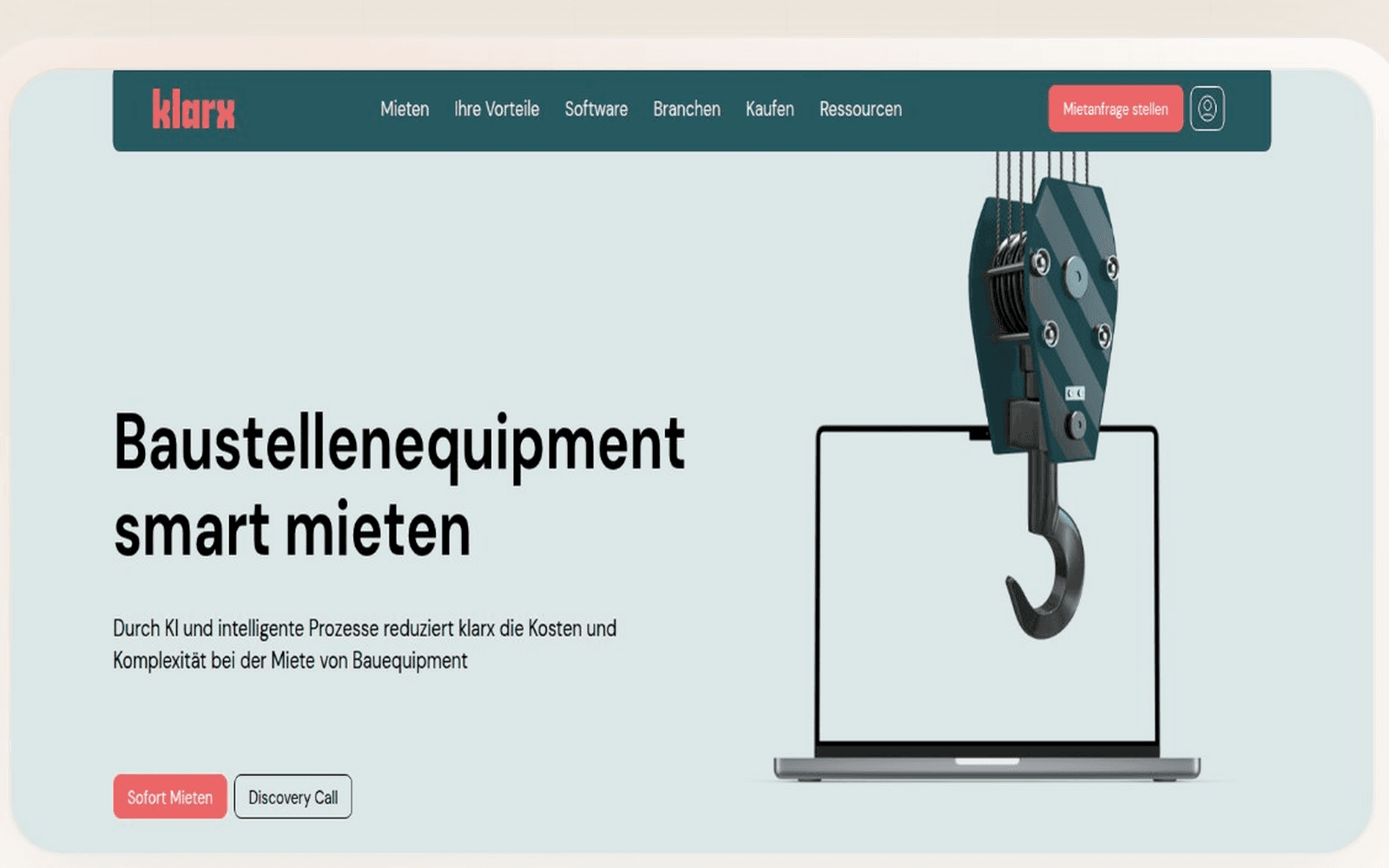 Klarx equipment rental homepage with a crane hook and laptop