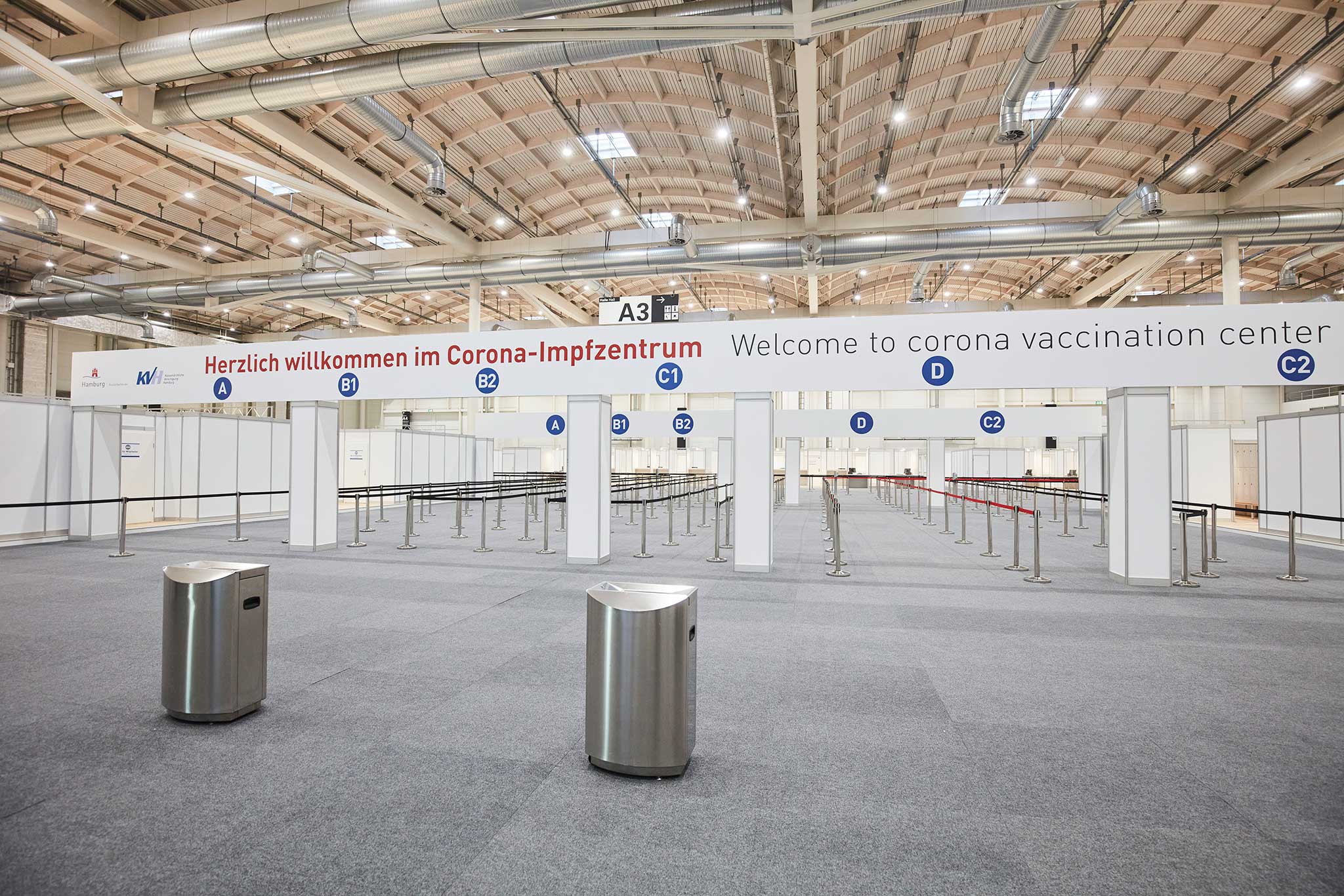 Hamburg vaccination center entrance with queue lanes