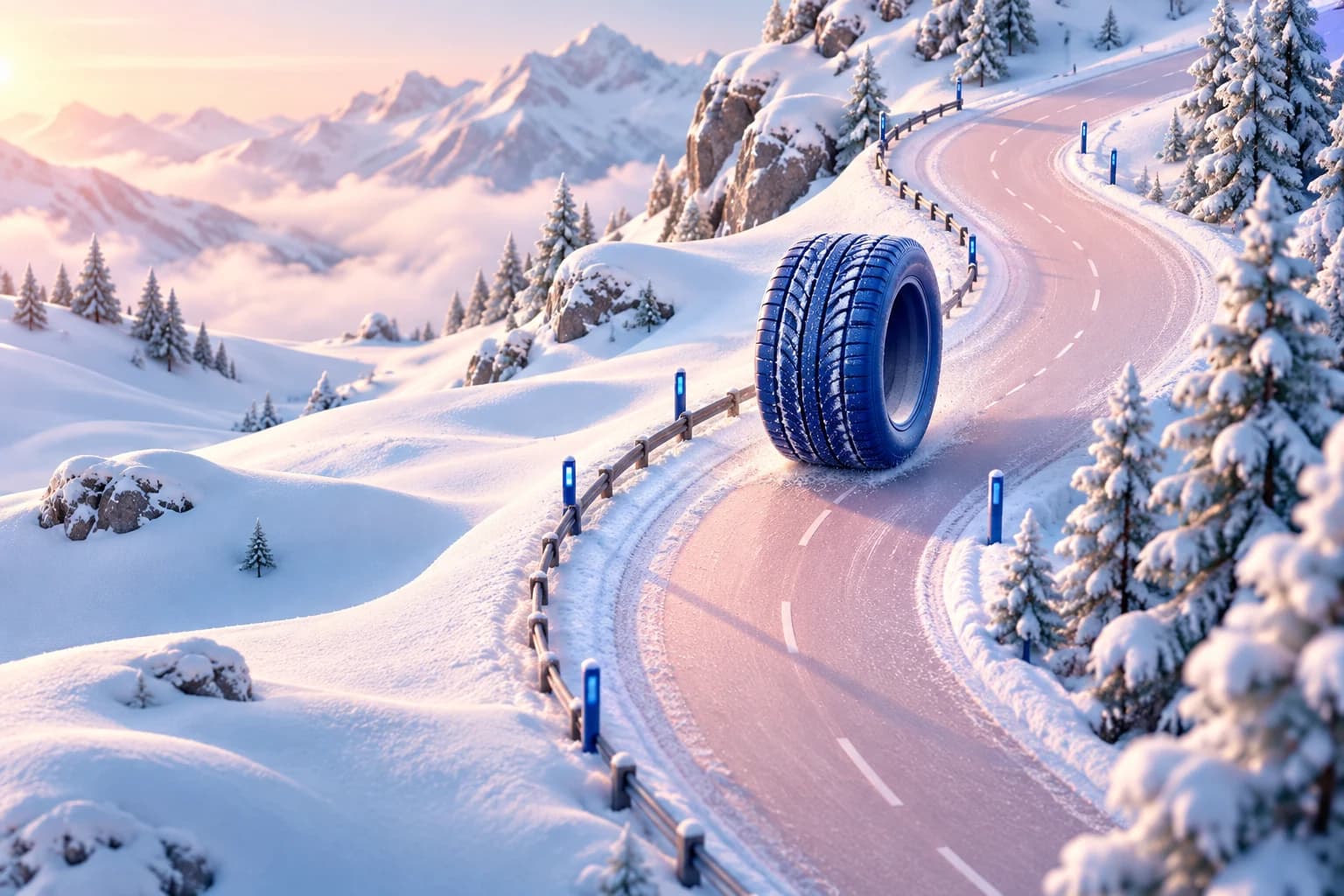 Editorial illustration of a blue tyre on a winding snow-covered alpine road